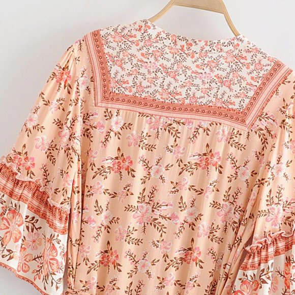 Boho Pink Cherry Blossom Flower Print Mini Dress - Picture 8 of 16